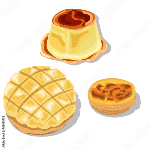 Creme caramel and Melonpan on a white background.Eps 10 vector. photo