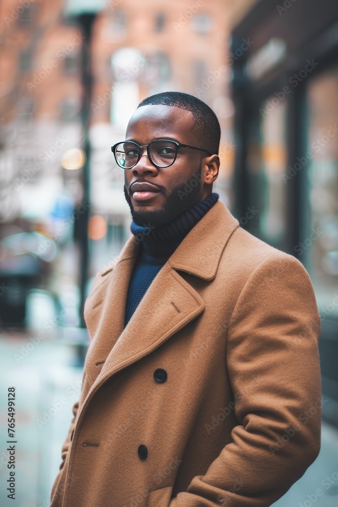 Stylish Man Wearing Glasses and a Camel Coat on a City Street in Winter Stylish Man Wearing Glasses and a Camel Coat on a City Street in Winter