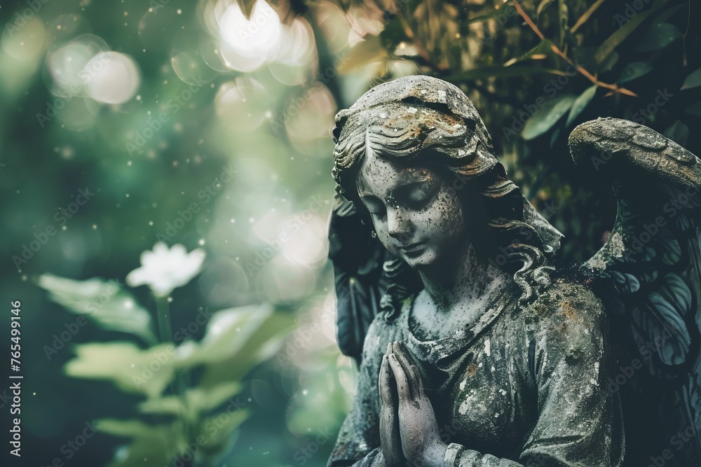 Serene Angel Statue in Prayer Amidst Lush Greenery at Dusk Serene Angel Statue in Prayer Amidst Lush Greenery at Dusk