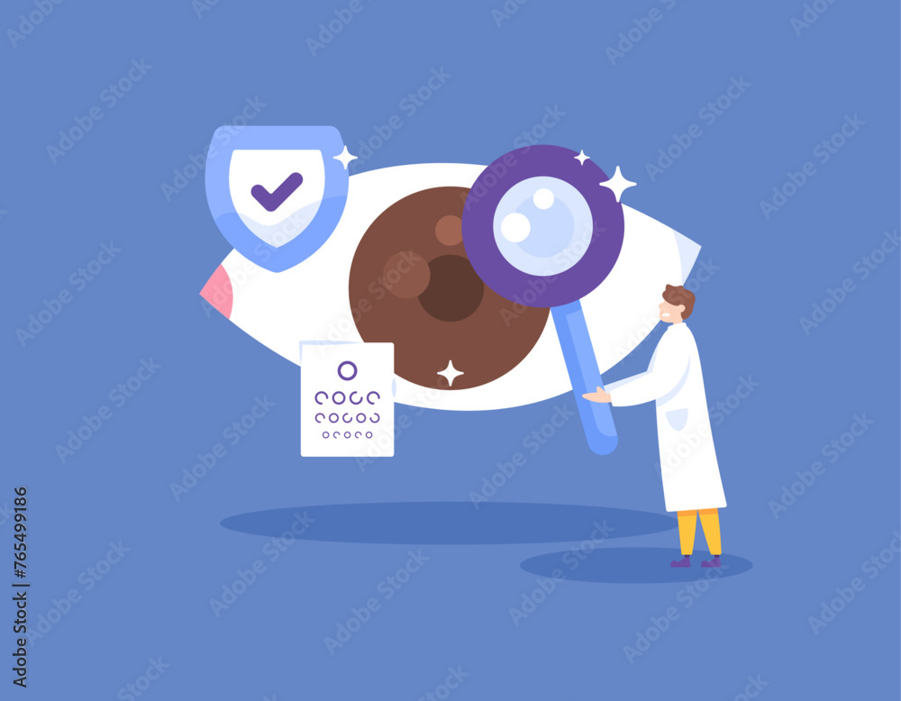 concept of checking eye health conditions. a dental specialist examines, evaluates, and performs eye treatment. check by an Ophthalmologist. flat style illustration concept design. graphic elements