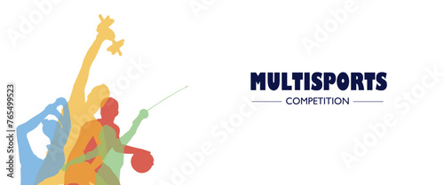 Athletes day. Multisports competition. Sports silhouettes blue yellow red green. Multisport. digital design and printing model. Copy space - Stock vector