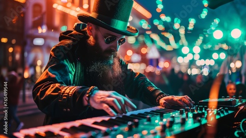 St Patrick's Day Dj party concept, beard Irish man wearing Leprechaun costume and working on music equipment on glowing celebration background.