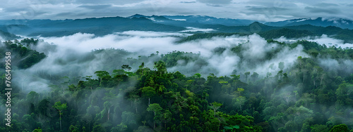 Panoramic view of misty rainforest trees with fog and rays, showcasing the natural beauty of a lush tropical rainforest canopy. Drone view with copy space.