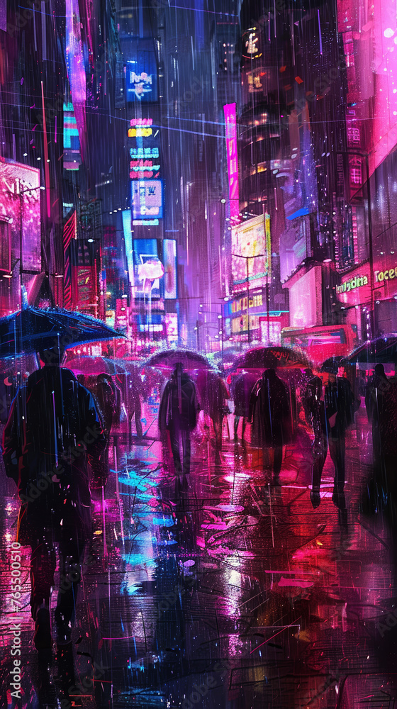 night view of the city, city skyline at night, Melancholic, bitter-sweet neon sunset. Cyberpunk. City. Crowded people. Rain