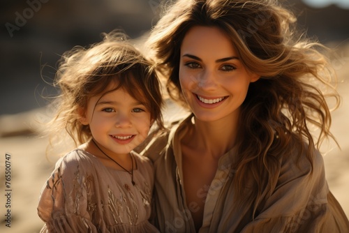 A carefree mother and daughter enjoy playful moments of affection under the sunny beach, radiating happiness.