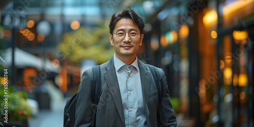 A cheerful, well-dressed Japanese businessman in a suit, radiating confidence on urban streets.