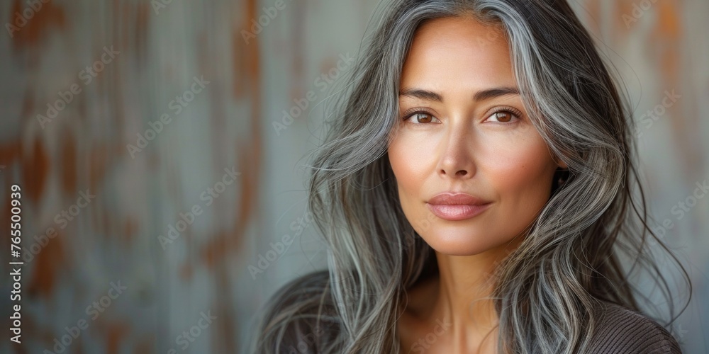 In a confident portrait, a gorgeous elderly lady with wavy grey hair radiates elegance and happiness. In a confident portrait, a gorgeous elderly lady with wavy grey hair radiates elegance and happiness.