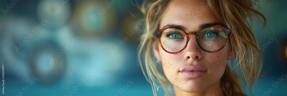A stunning blonde woman wears stylish eyeglasses in a captivating portrait. - obrazy, fototapety, plakaty 