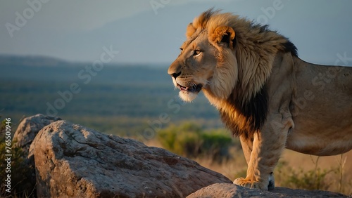Lion standing on a rock in the wild.