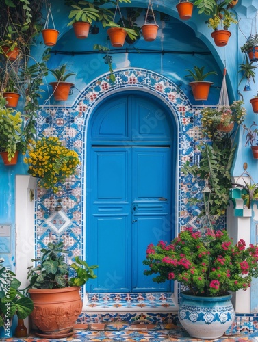 A blue door is enclosed by various potted plants, creating a vibrant and inviting entrance to a building
