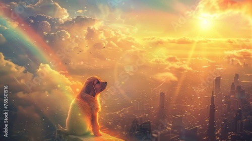 A contemplative puppy sits atop a high vantage point, observing a stunning sunset over a cityscape with a vibrant rainbow.