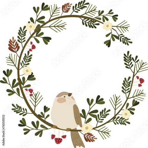 Cute Bird on Branch in Floral Wreath Frame | Hand-Drawn Botanical Vector Illustration for Invitations, Greeting Cards, Party Celebrations, Wedding Decor, and Wall Art