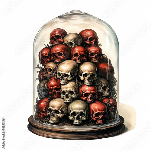 Small human skulls piled inside a glass display dome