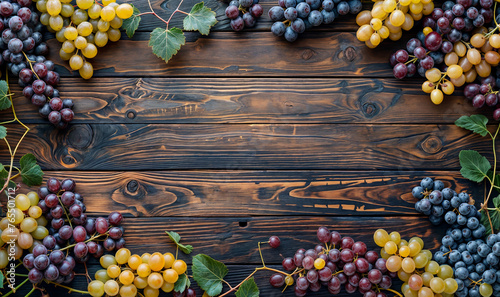 red and white/ yellow grapes seen from above on a wooden table top wallpaper with copy space photo