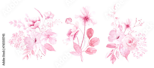 Watercolor pink floral borders  bouquets. Light pink flowers  leaves PNG. soft blush roses - seamless border  corner border  frame. Elegant Wedding clipart. Monochrome spring summer pink flowers PNG