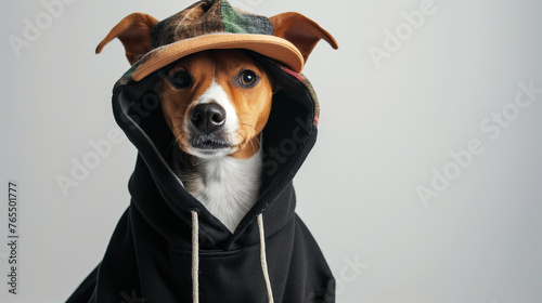 Funny dog in hipster knit hat. terrier looks at copy space, winter accessories or seasonal concept