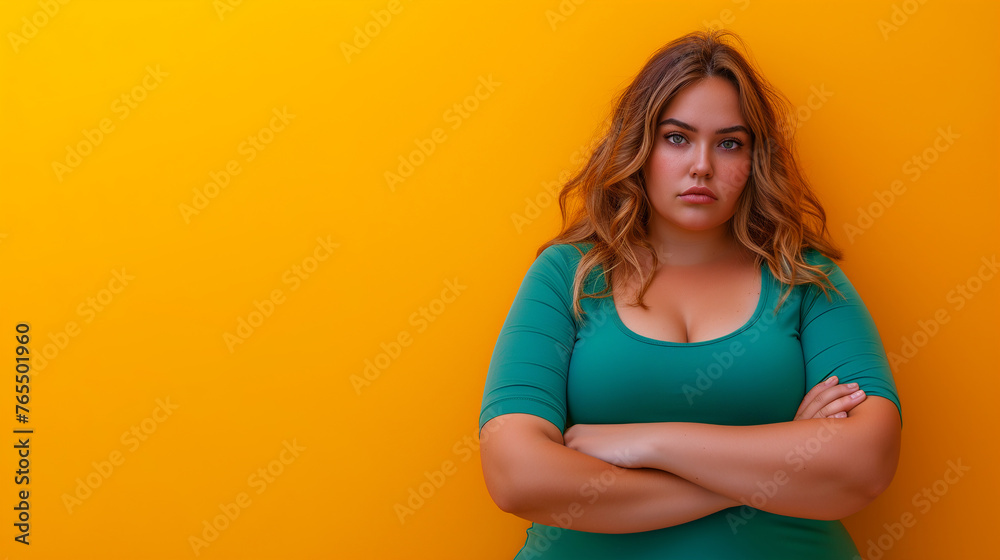 Obraz premium Young confused sad indignant chubby overweight plus size big fat fit woman isolated on yellow color background