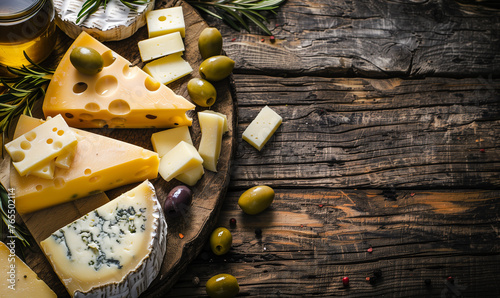 Cheese platter seen from above with olives on a wooden table top with copy space. Festive dinner aperitif	 photo