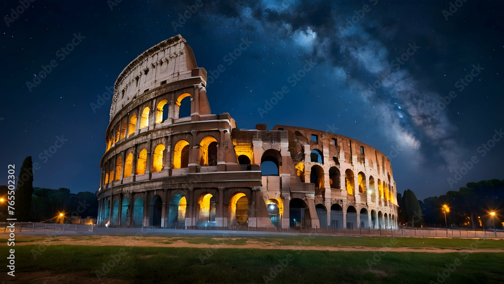 Colosseum under a starry spellbound sky Photo real for Legal reviewing theme ,Full depth of field, clean bright tone, high quality ,include copy space, No noise, creative idea