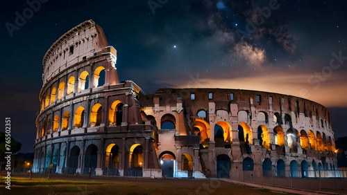 Colosseum under a starry spellbound sky Photo real for Legal reviewing theme ,Full depth of field, clean bright tone, high quality ,include copy space, No noise, creative idea