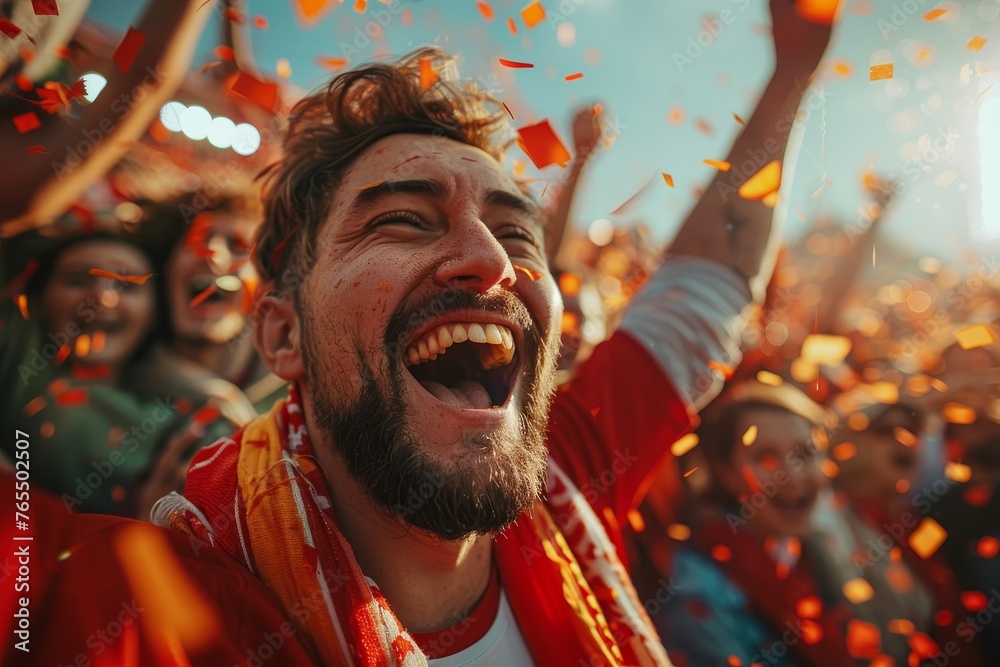 Excited football fans cheering a goal, supporting favorite players. Concept of sport, human emotions, entertainment, Generative AI