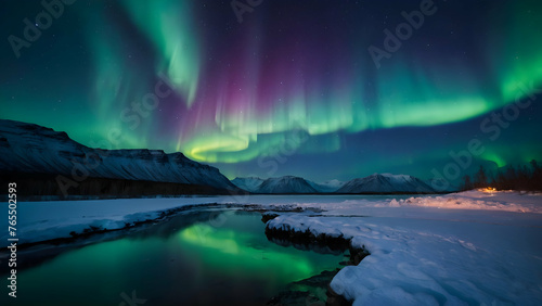 Enchanted Northern Lights over the Blue Lagoon Photo real for Legal reviewing theme ,Full depth of field, clean bright tone, high quality ,include copy space, No noise, creative idea