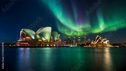 Fantasy aurora over Sydney Opera House Photo real for Legal reviewing theme ,Full depth of field, clean bright tone, high quality ,include copy space, No noise, creative idea