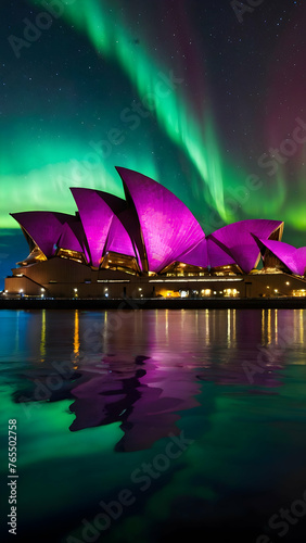 Fantasy aurora over Sydney Opera House Photo real for Legal reviewing theme  Full depth of field  clean bright tone  high quality  include copy space  No noise  creative idea