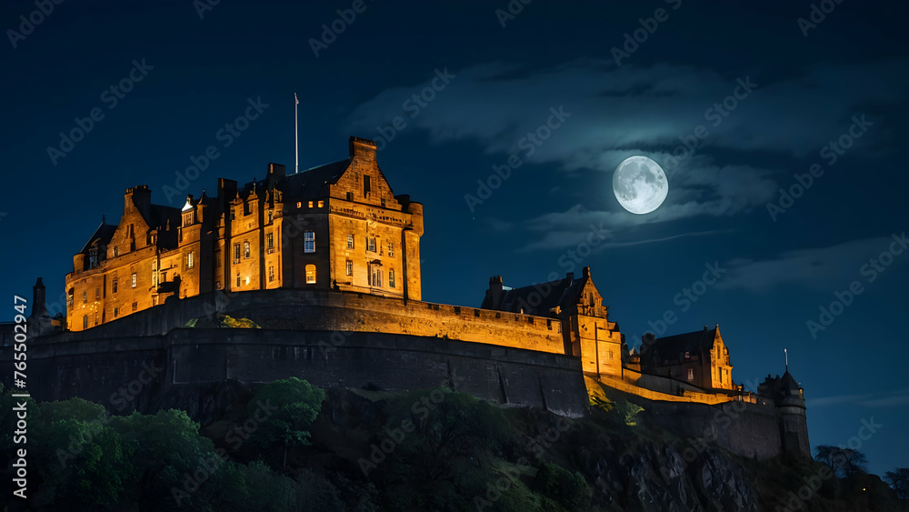 Haunted moon over Edinburgh Castle Photo real for Legal reviewing theme ,Full depth of field, clean bright tone, high quality ,include copy space, No noise, creative idea