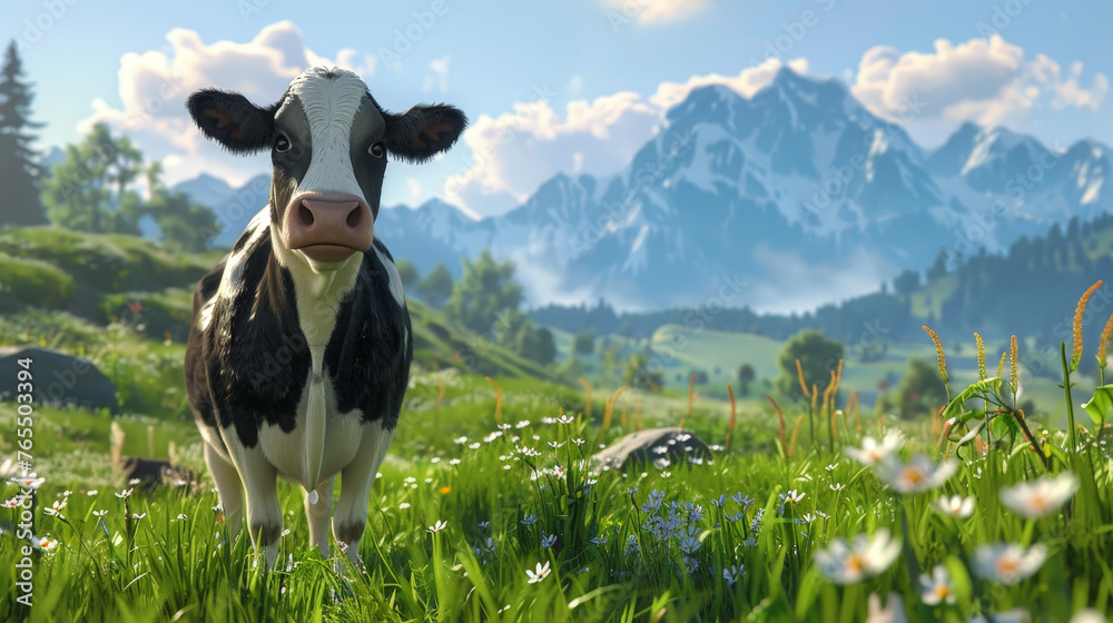 Alpine Pastures: Curious Cow Enjoying the Summer in a Mountainous Landscape - obrazy, fototapety, plakaty 