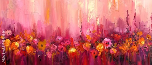  A depiction of vibrant pink and yellow flora set against a backdrop of pink and red, with a white line at its base