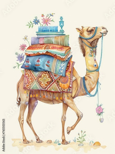 A camel with a stack of books on its back walking across a desert landscape