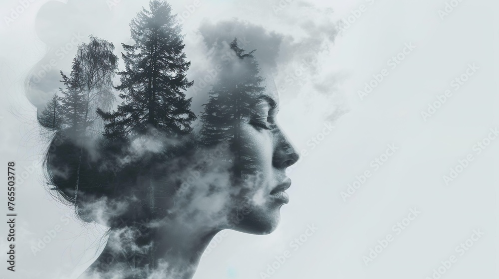 Double exposure of women head with forest.