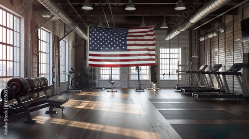 Inside Gym hanging big USA flag.