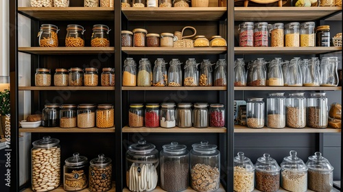 A fully stocked organised pantry store room, food in a jar on a rack. photo
