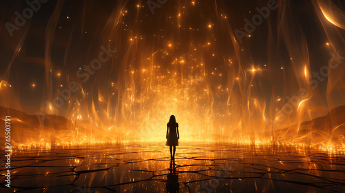 The Silhouette of a Woman Standing Before an Elaborate Golden Fantasy Energy Formation