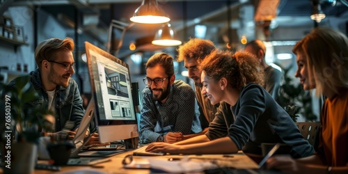 Business Team gathered in the office around computer focused on business planning, strategy, and goal-setting, discussing, nurturing creativity, fostering innovation, and generating new, Generative AI