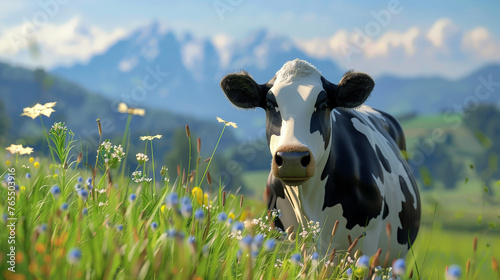 Alpine Pastures  Curious Cow Enjoying the Summer in a Mountainous Landscape