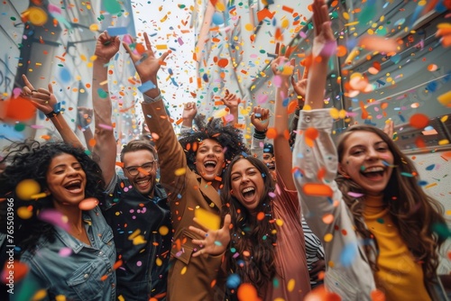 Happy diverse employees team celebrating success business achievement among confetti, Generative AI