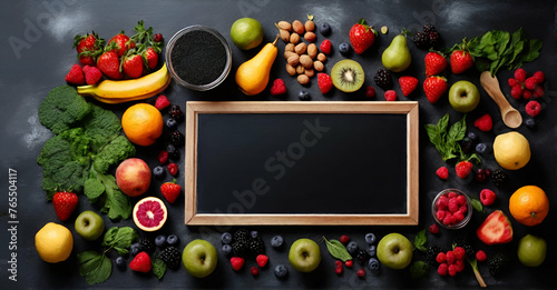 Over a black blackboard, food elements for a smoothie or drink are placed on painted glass. copy space on the top view. fruits, vegetables ai generative