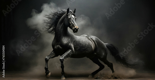 Beautiful black horse rearing in light Smokey background ai generative