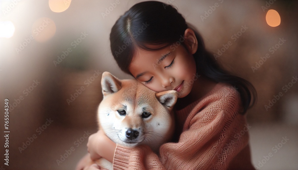 Obraz premium girl hugging shiba