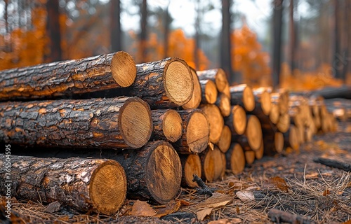 A large timber pile in the forest