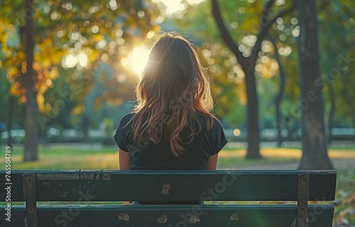 Looking off into the distance, a girl is seated on a park bench. photo