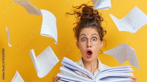 Surprised woman with big stack of paper documents, workload overtime concept. Background with copyspace for your text photo