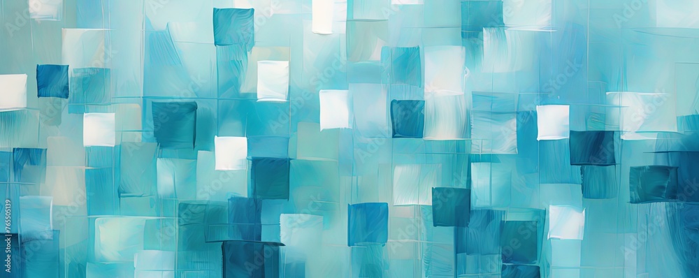 turquoise and blue squares on the background, in the style of soft, blended brushstrokes