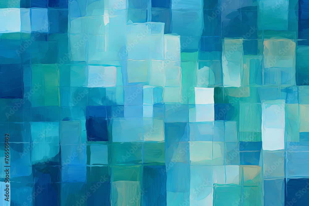 turquoise and blue squares on the background, in the style of soft, blended brushstrokes