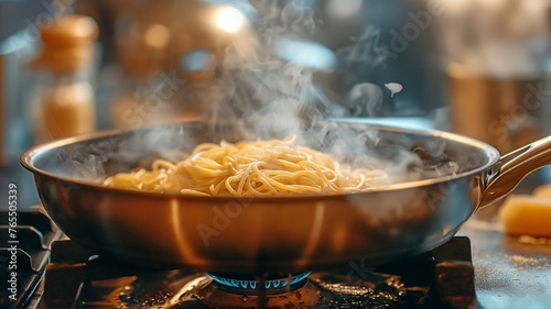 cooking spaghetti in a pan on an electric hob