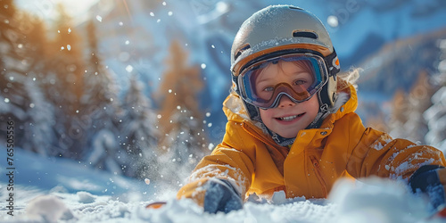 Cheerful portrait of a boy enjoying the winter snow.