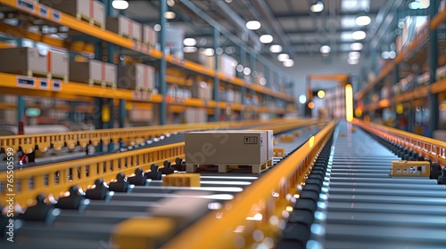 A single cardboard box on a conveyor belt in a distribution warehouse, depicting streamlined logistics and supply chain operations. Parcel on Conveyor Belt in Distribution Warehouse
